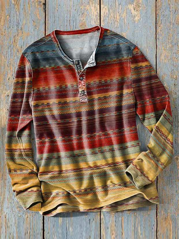 Men's Vintage Rainbow Color Stripe Art Print Long Sleeve Henley Shirt