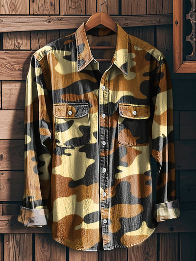 Men's Vintage Abstract Camo Art Print Workwear Pocket Shirt