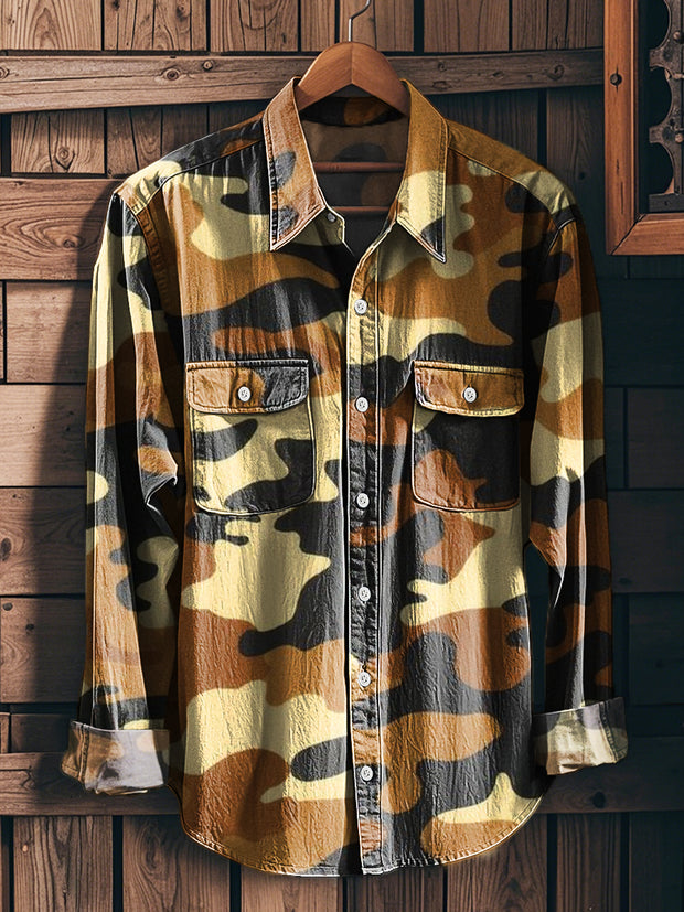Men's Vintage Abstract Camo Art Print Workwear Pocket Shirt
