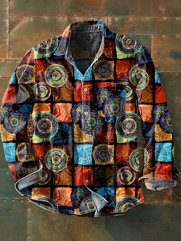 Men's Retro Ethnic Abstract Print Casual Lapel Long Sleeve Shirt