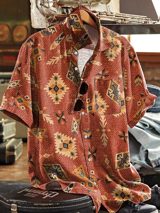 Men's Vintage Abstract Geometric Art Print Short Sleeve Pocket Shirt