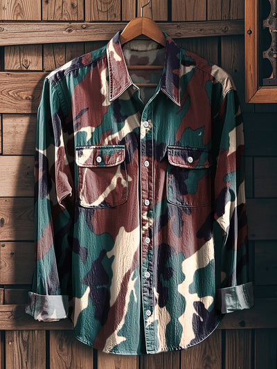 Men's Vintage Abstract Line Art Print Workwear Pocket Shirt