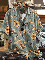 Men's Vintage Abstract Geometric Art Print Short Sleeve Pocket Shirt
