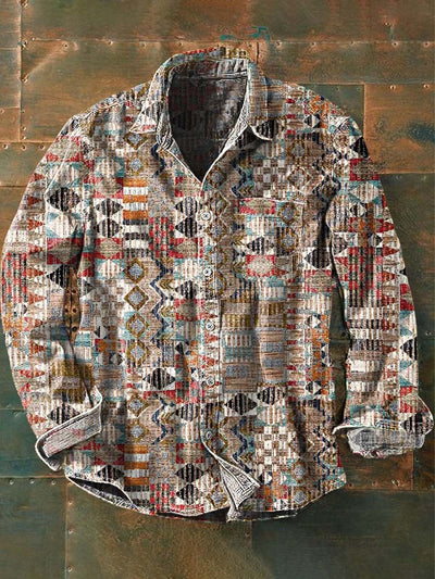 Men's Vintage Western Print Casual Lapel Long Sleeve Shirt