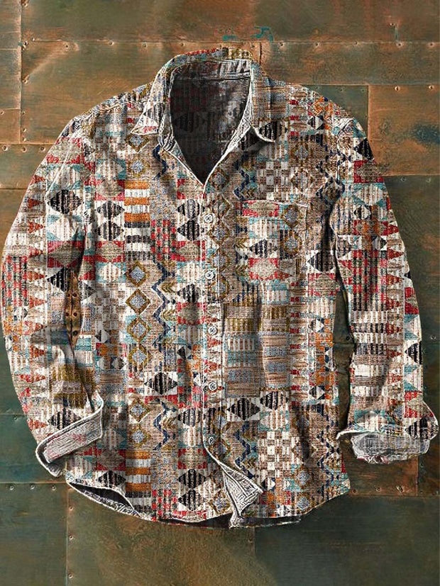 Men's Vintage Western Print Casual Lapel Long Sleeve Shirt