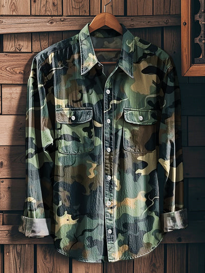 Men's Vintage Abstract Multicolor Camouflage Art Print Workwear Pocket Shirt