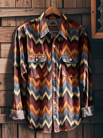 Men's Vintage Abstract Multicolor Line Art Print Workwear Pocket Shirt