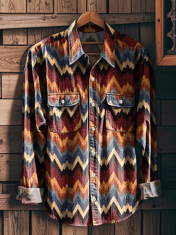 Men's Vintage Abstract Multicolor Line Art Print Workwear Pocket Shirt