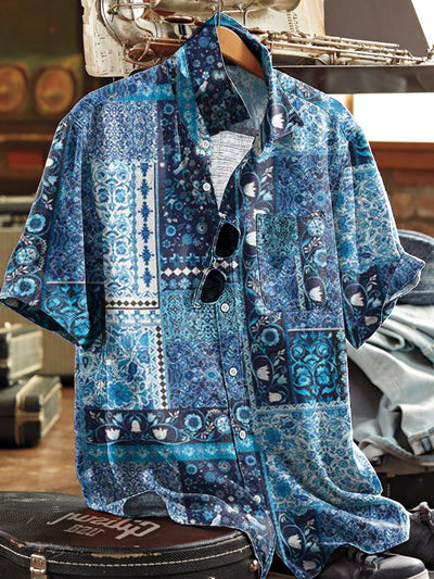 Men's Vintage Ethnic Geometric Floral Art Print Short Sleeve Pocket Shirt