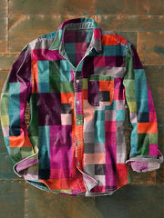 Men's Vintage Multicolor Plaid Art Print Lapel Long Sleeve Pocket Shirt