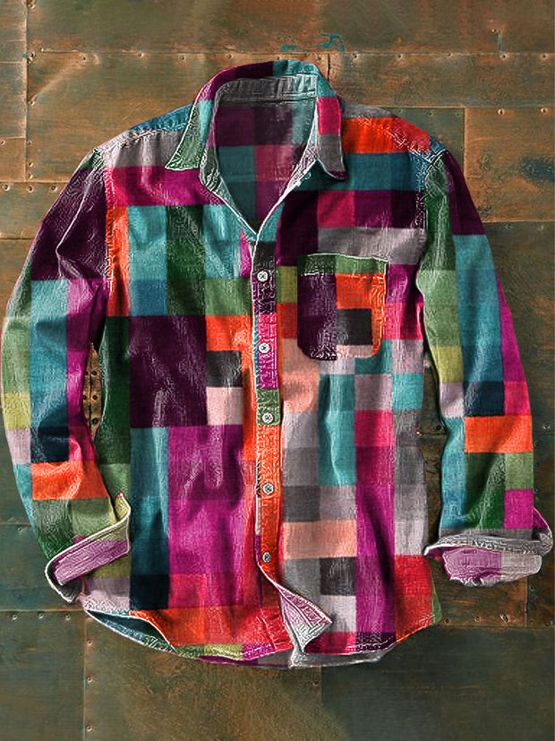 Men's Vintage Multicolor Plaid Art Print Lapel Long Sleeve Pocket Shirt