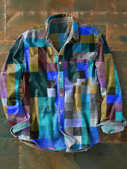 Men's Vintage Multicolor Plaid Art Print Lapel Long Sleeve Pocket Shirt