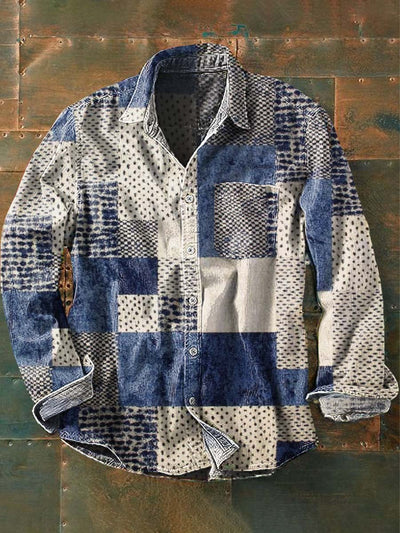 Men's Retro Irregular Color Block Print Casual Lapel Long Sleeve Shirt