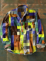 Men's Vintage Multicolor Plaid Art Print Lapel Long Sleeve Pocket Shirt