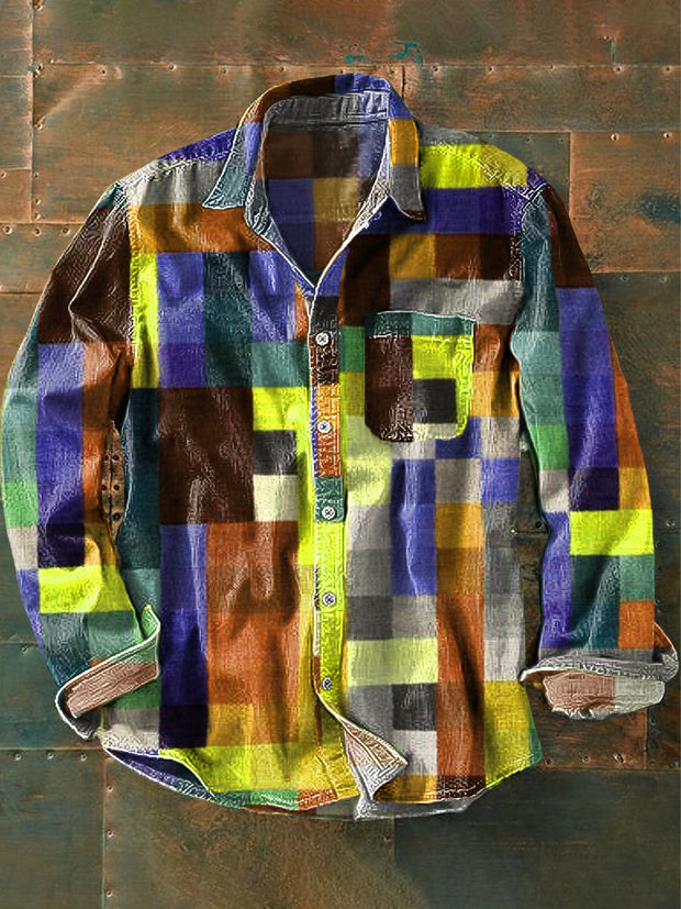 Men's Vintage Multicolor Plaid Art Print Lapel Long Sleeve Pocket Shirt
