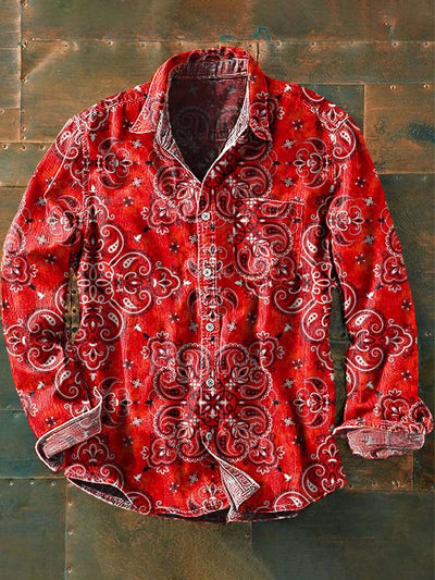 Men's Retro Floral Print Casual Lapel Long Sleeve Shirt