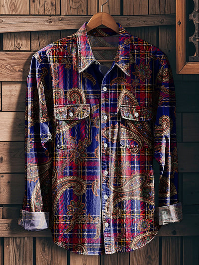 Men's Vintage Color Plaid Paisley Art Print Workwear Pocket Shirt