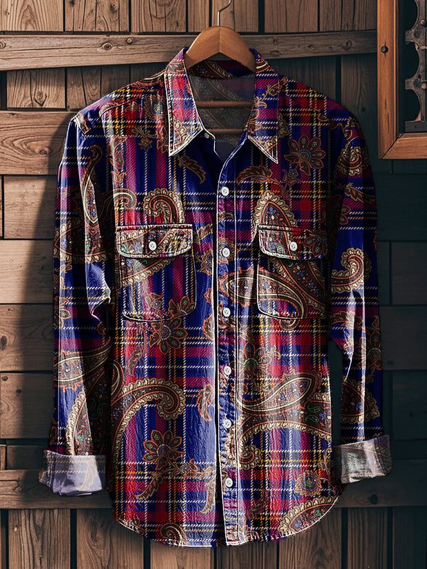 Men's Vintage Color Plaid Paisley Art Print Workwear Pocket Shirt