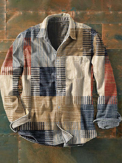 Men's Retro Irregular Color Block Print Casual Lapel Long Sleeve Shirt