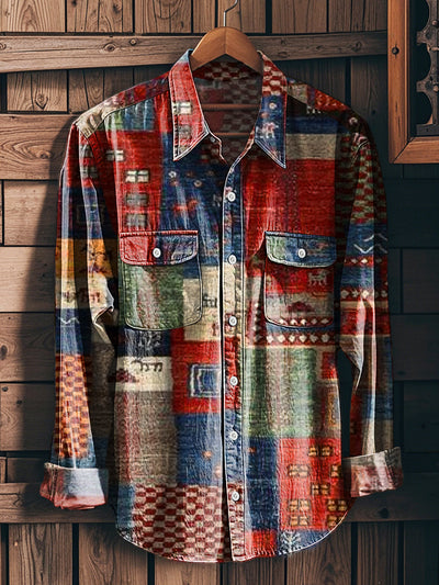 Men's Vintage Ethnic Multicolor Geometric Art Print Workwear Pocket Shirt