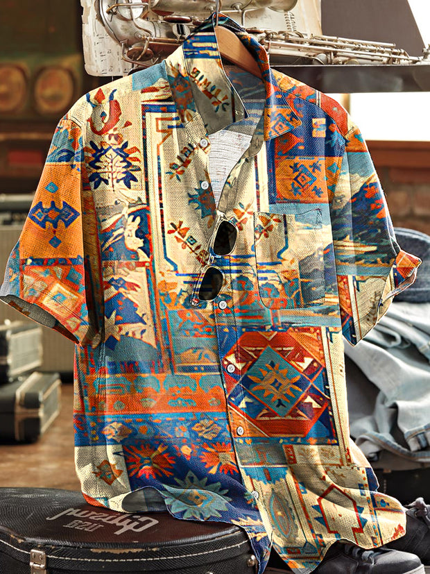 Men's Vintage Multicolor Ethnic Geometric Art Print Short Sleeve Pocket Shirt
