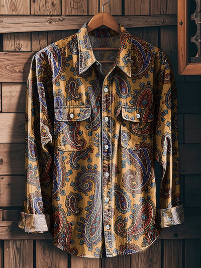 Men's Vintage Paisley Floral Art Print Workwear Pocket Shirt