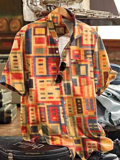 Men's Vintage Multicolor Geometric Line Art Print Short Sleeve Pocket Shirt