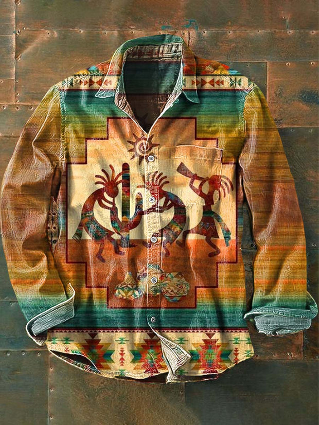Men's Tribal Ethnic Print Casual Lapel Long Sleeve Shirt