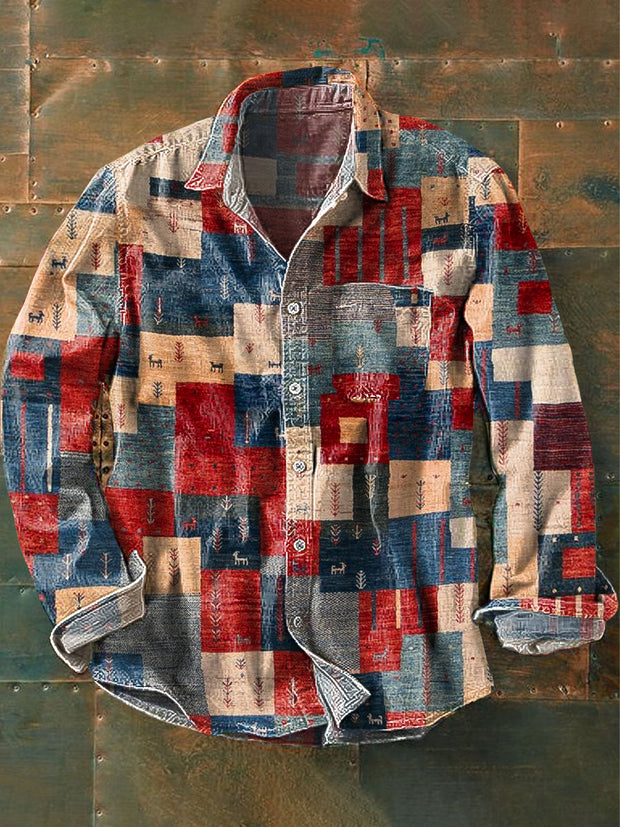 Men's Vintage Colorful Irregular Geometric Art Print Long Sleeve Pocket Shirt