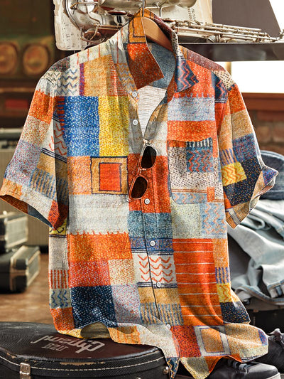 Men's Vintage Multicolor Irregular Plaid Art Print Short Sleeve Pocket Shirt