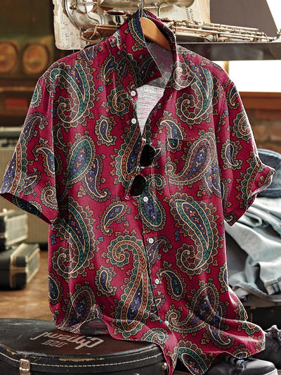 Men's Vintage Paisley Floral Art Print Short Sleeve Pocket Shirt