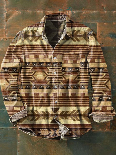 Men's Western Cowboy Pattern Printed Casual Lapel Long Sleeve Shirt