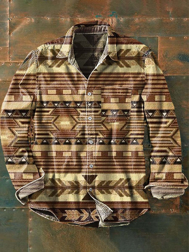 Men's Western Cowboy Pattern Printed Casual Lapel Long Sleeve Shirt