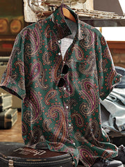 Men's Vintage Paisley Floral Art Print Short Sleeve Pocket Shirt