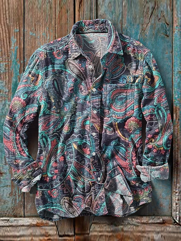 Men's Vintage Abstract Floral Print Cotton Linen Long Sleeve Pocket Shirt