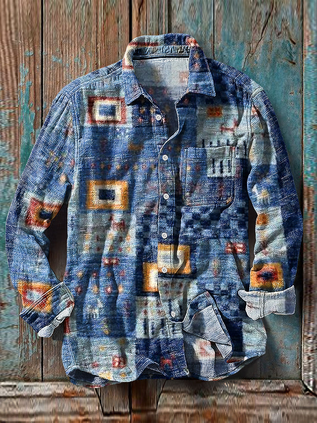 Men's Vintage Abstract Irregular Pattern Cotton Linen Long Sleeve Pocket Shirt