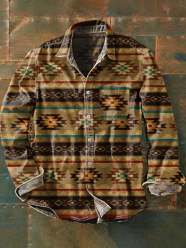 Men's Western Cowboy Pattern Printed Casual Lapel Long Sleeve Shirt