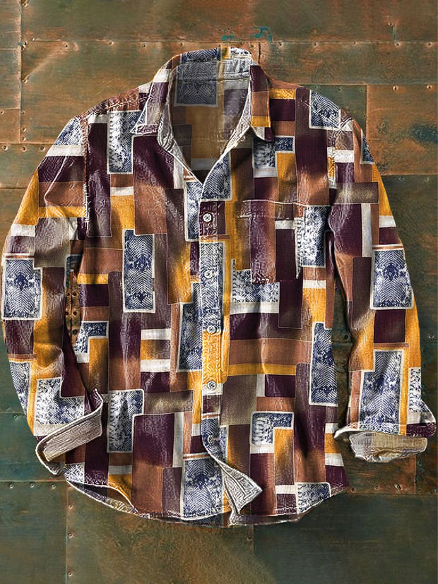 Men's Vintage Multicolor Abstract Geometric Art Print Long Sleeve Pocket Shirt