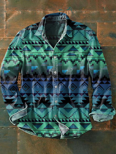 Men's Western Cowboy Pattern Printed Casual Lapel Long Sleeve Shirt