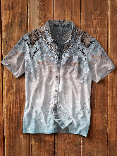 Men's Retro Pattern Printed Casual Lapel Short Sleeve Shirt