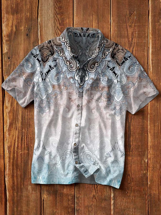 Men's Retro Pattern Printed Casual Lapel Short Sleeve Shirt