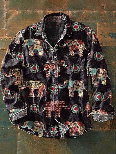 Men's Retro Ethnic Elephant Print Casual Lapel Long Sleeve Shirt
