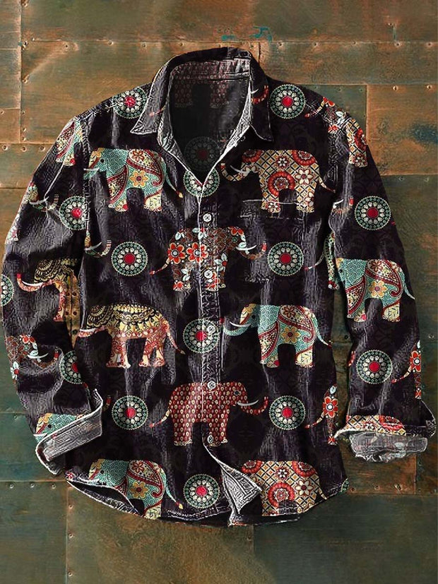 Men's Retro Ethnic Elephant Print Casual Lapel Long Sleeve Shirt