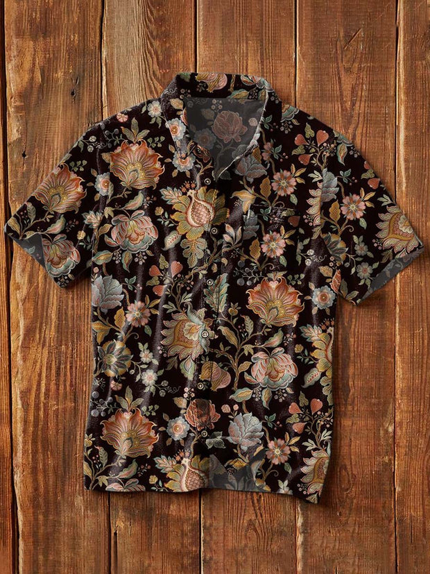 Men's Retro Floral Print Casual Lapel Short Sleeve Shirt