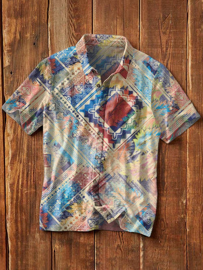 Men's Western Print Casual Lapel Short Sleeve Shirt