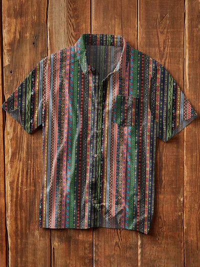 Men's Vintage Western Print Casual Lapel Short Sleeve Shirt