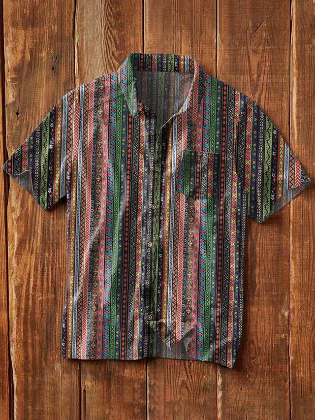 Men's Vintage Western Print Casual Lapel Short Sleeve Shirt