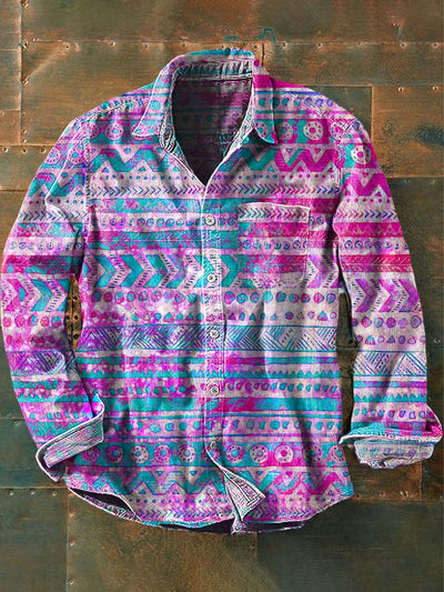 Men's Vintage Western Pattern Print Casual Lapel Long Sleeve Shirt