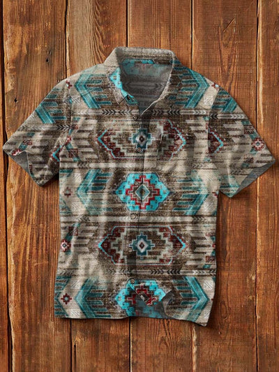 Men's Western Print Casual Lapel Short Sleeve Shirt