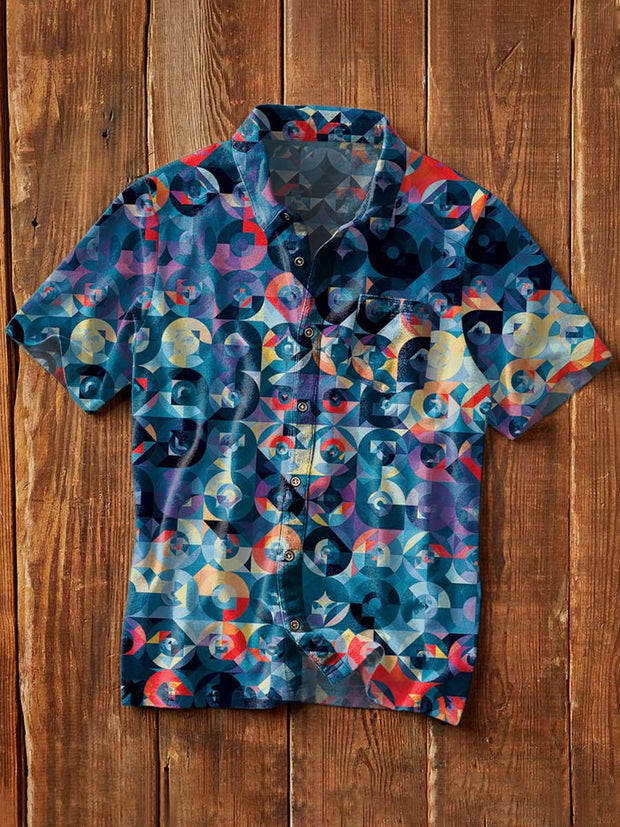 Men's Vintage Abstract Swirl Print Casual Lapel Short Sleeve Shirt